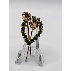 Vintage Green Rhinestone Rose Heart Brooch Gold Tone Floral Pin